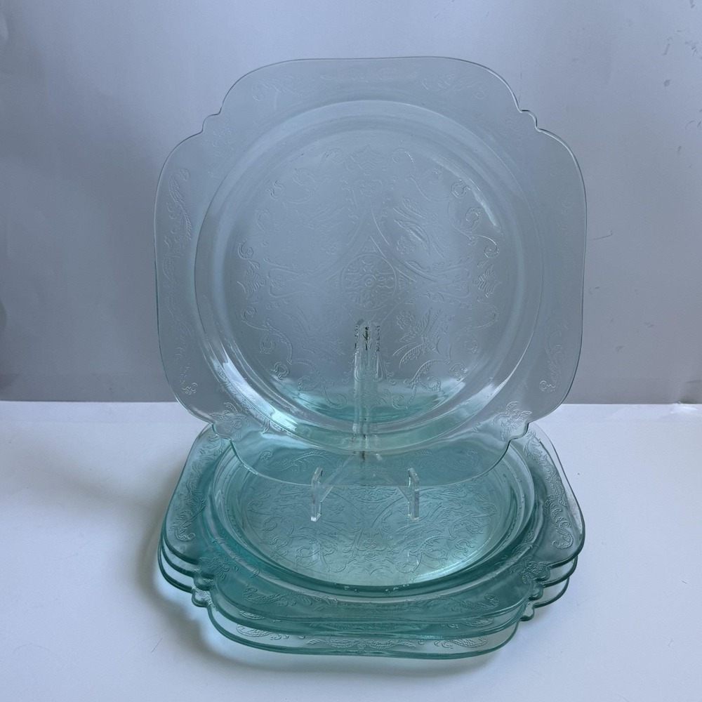Vintage Depression Glass Recollection Madrid Teal 10" Dinner Plates Set of 4